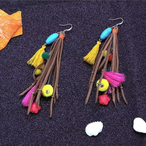 Long Bohemian Fringe Leather Earrrings Handmade Tassel Earrings with Turquoise Christmas Long Dangle Earrings for Women rodeo jewelry - color: 6