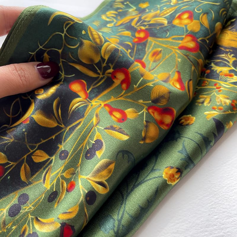 MEISEE 100% Pure Mulberry Silk Scarf 21" Square Scarf Neckerchief Headscarf Breathable Lightweight for Women Gift Packed - color: Green Flowers and Birds