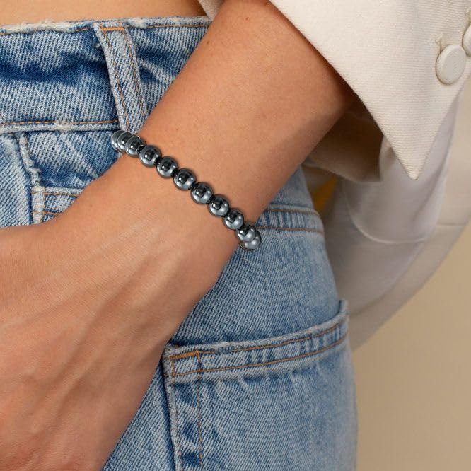 Gnamy Healing Crystal Bracelet for Women, Natural Stone Beaded Healing Crystal Bracelet Triple Protection Stress Relief Beads Jewelry Birthday Gifts Jewelry for Her - style: Hematite