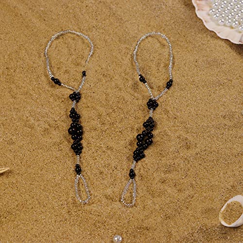 Bohemian Handmade Shell Starfish Barefoot Sandals 2pcs Beach Wedding Foot Chain with Toe Ring for Bride Turquoise Crystal Pearl Beaded Anklet Accessory (Black pearl)