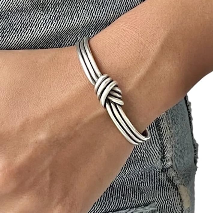 Handmade Sterling Silver Knot Cuff Bracelet, Minimalist Rustic Simple Tied Silver Wires, Adjustable Cuff, Women size M-L, Men size S-M, Gift for Her or Him
