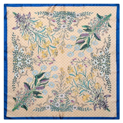 Stlvoll 27.5" Silk Neck Scarf of Women's Fashion Head Scarf Square Neck Satin Scarfs for Bag Hair Scarves Gift - color: Flower/Khaki