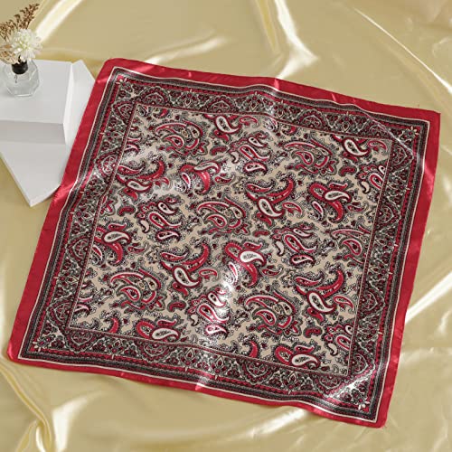 QBSM Womens 23.6 inch Satin Silk Feeling Formal Square Neck Scarf Head Hair Wraps Kerchief - color: Cashew Flowers-red