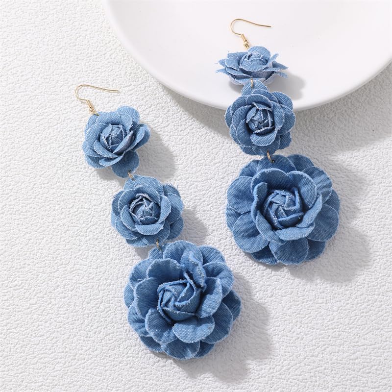 coadipress Boho Denim Camellia Flower Dangle Earrings for Women Exaggerated Big Layered Tiered Blossom Floral Drop Long Earring Chic Statement Earrings Wedding Bridal Jewelry Gifts - style: 3 Flowers
