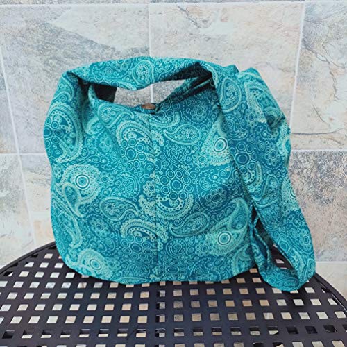 BTP! Thai Cotton Hippie Hobo Sling Crossbody Bag eco Friendly Shopping bag Paisley Print Large - color: Teal Pl9