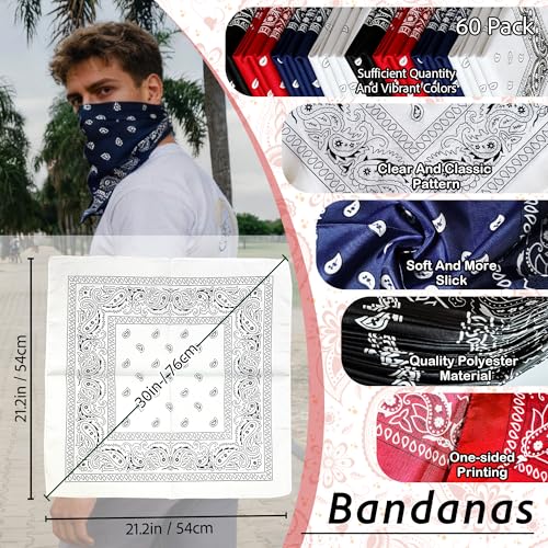 ILHSTY 60 Pcs Women Men Paisley Bandanas Bulk Unisex Bandanas Head Cowboy Scarf Necktie handkerchief Party Supplies - color: Black,red,white,navy Blue