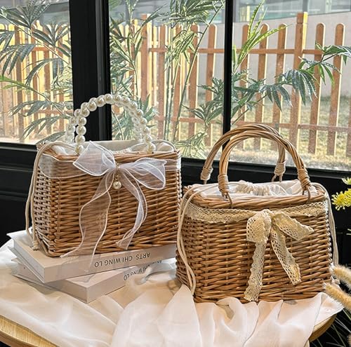 Wicker Basket Lace Ribbon Handbag Vacation Wedding Woven Handbag Drawstring Inner Pouch Daily Use Gift - color: A-white