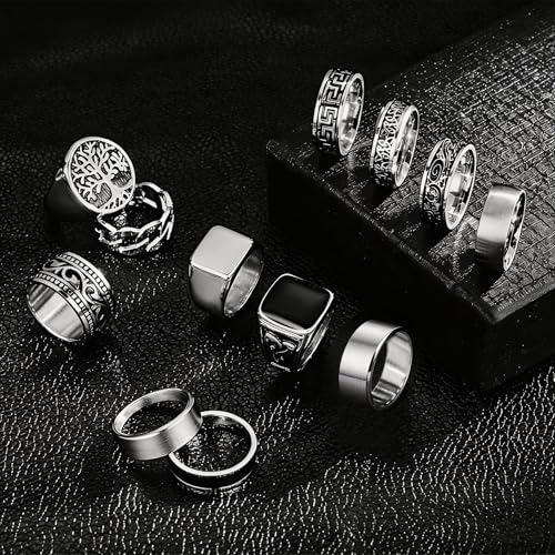 12 Pcs Stainless Steel Vintage Ring for Men Carving Celtic Sliver Band Rings Set Men Rings Jewelry - color: Silver