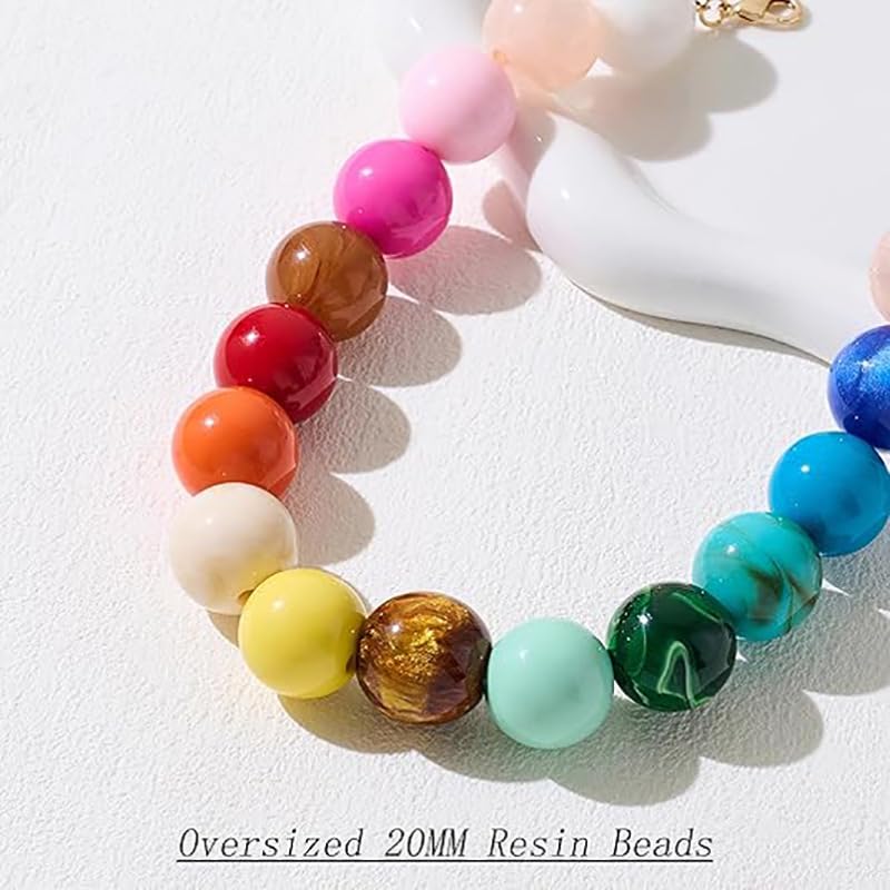Dopamine Colorful Beaded Chunky Necklace for Women, Gold Large Round Resin Bold Beads Summer Boho Beach Vacation Jewelry - color: Colorful