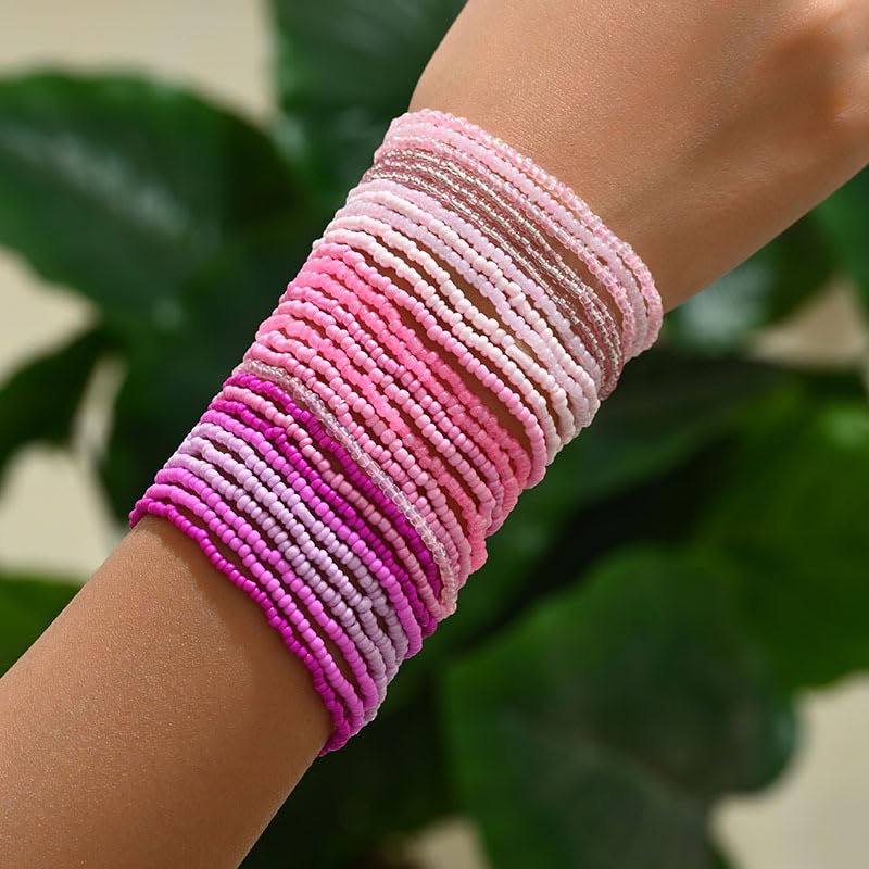 30Pcs Elastic Beaded Bracelets Set Bohemia Multilayer Stackable Seed Beaded Stretch Bracelet Anket Colorful Crystal Glass Beads Wristbands for Women Summer Beach Boho Jewelry Gifts - color: Pink