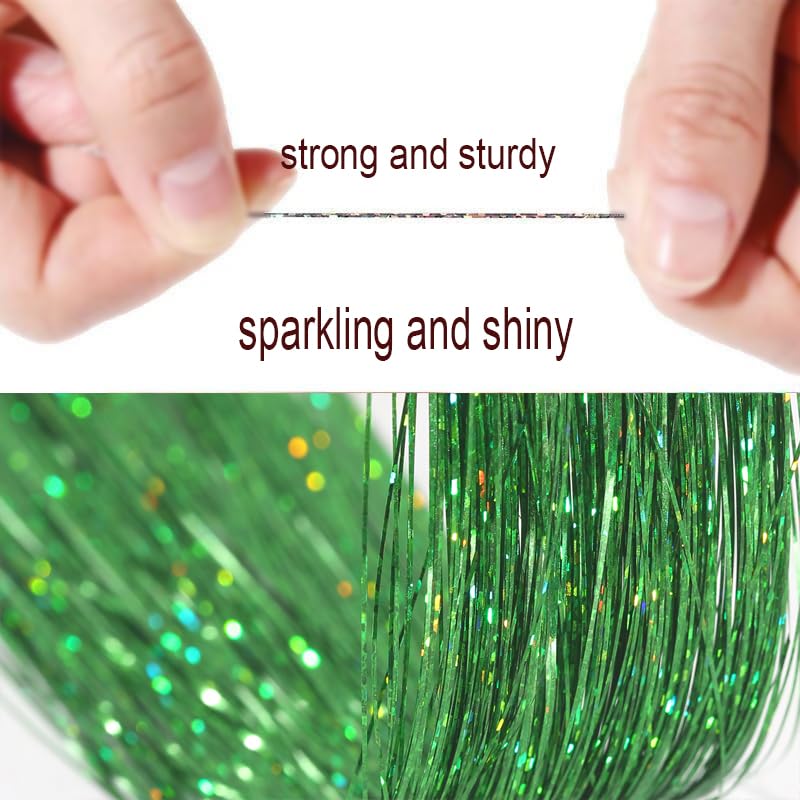 Celinebella Forest Green Hair Tinsel, 48" 1250 Strands Emerald Shimmer | Rich emerald forest green tone, festive shimmer, heat resistant, for St. Patricks Day spring outdoor events - color: 11-Emerald Glimmer, size: 48 Inch Pack of 5Pcs
