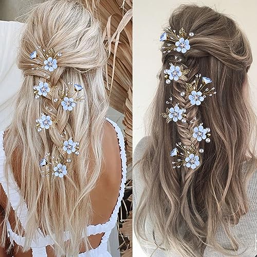 6 Pieces Bridal Flower Wedding Hair Pins Crystal Pearl Hair Pins Clips Headpiece Gold Wedding Hair Accessories Jewelry with Rhinestone for Brides Bridesmaids Women Girls Updo (Special Cream Blue) - color: Special Cream Blue