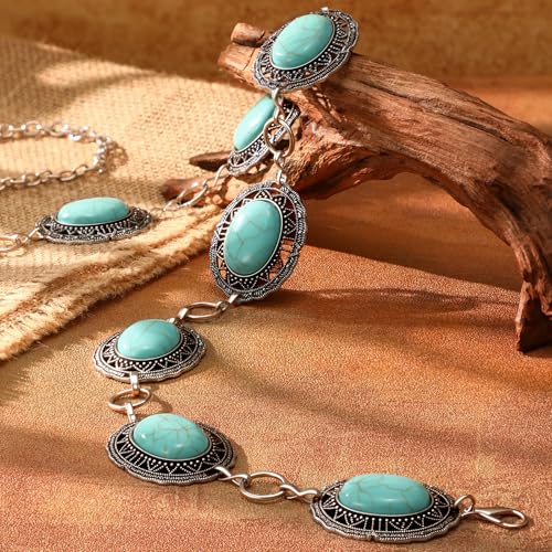 XZQTIVE Women Boho Chain Belts For Dresses Jeans Western Cowgirl Waist Links Belt Adjustable Metal Concho Belt - color: Green Turquoise Silver(gemstone), size: Fit Waist up to 35 In