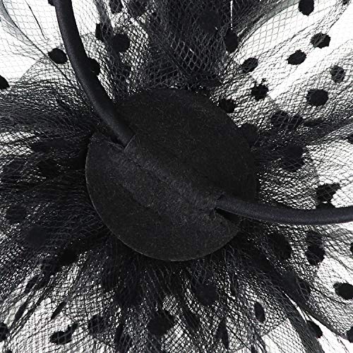DRESHOW Fascinators Hat Flower Mesh Ribbons Feathers on a Headband and a Clip Tea Party Headwear for Girls and Women - color: 7" Black + Necklace+ Earrings+ Bracelet