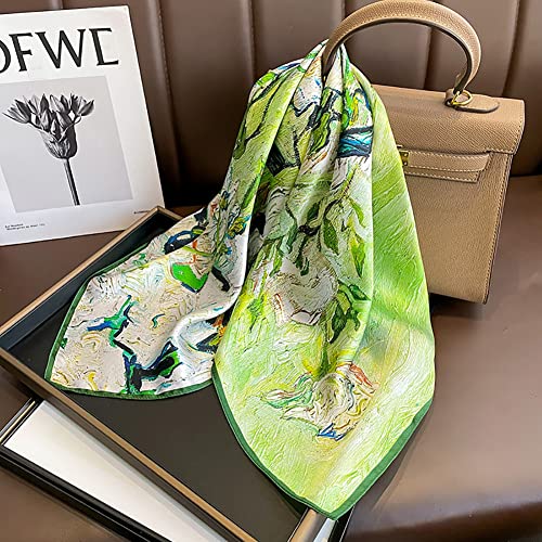 JERLA 100% Pure Mulberry Silk Square Scarf for Hair-27''x27'' Women Men Natural Silk Neckerchief Headscarf - color: Green Oil Painting Flowers