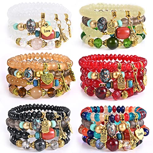 Bohemian Bracelet Sets for Women - 6 Sets Stackable Stretch Bracelets Multi-color Boho Jewelry for Women Hippie Bracelets Dainty Jewelry - color: Owl charm stretch bracelet set