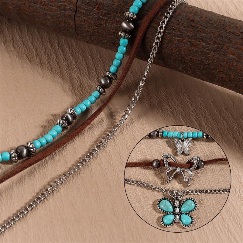 Pingyongchang Boho Layered Western Turquoise Necklaces for Women Vintage Stone Beaded Chokers Butterfly Catus Chain Country Concert Cowgirl Cowboy Jewelry Holiday Gifts - style: B Butterfly