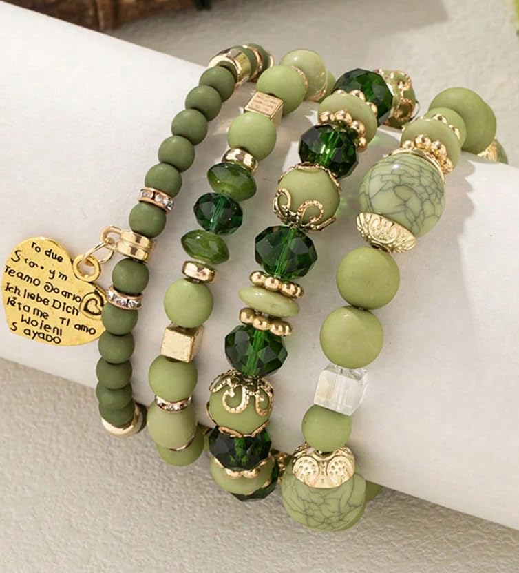 Women Beaded Bracelet Set | Colorful Boho Stackable Trendy Design with Crystal Accents Multilayer Bangle Bracelet | Fashion Stretch Braclets Jewelry for Women - color: Green-Mix