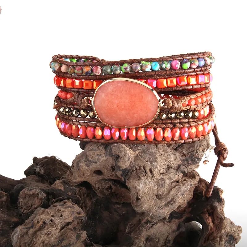 Women Wrap Bracelet Boho Natural Jasper Crystal Stone Beads Strand Bracelets - color: Orange