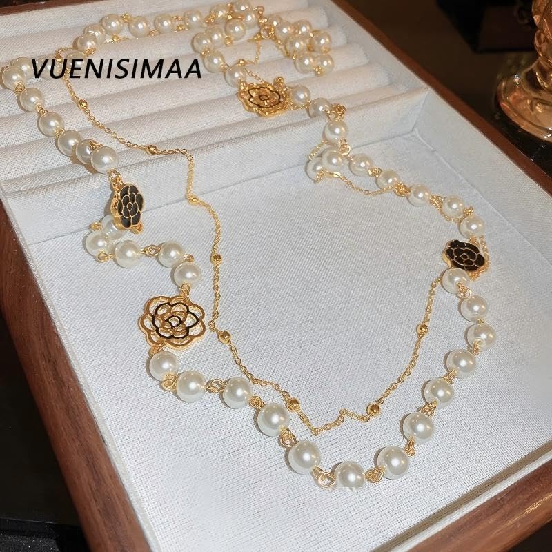 Long Pearl Necklace for Women, 8mm Simulated Pearl Strand Necklace, Layered Multi Strand Gold Beaded Necklace, 58" No Clasp Wrap Necklace Vintage Costume Jewelry Gift - style: 02-Long pearl necklace-Black