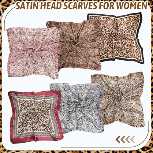 JATEBI 27''/35'' Women Large Satin Scarf Silk Feel Square Wraps Big Hair Bandanas Vintage Print Solid Color Bandana Scarves - color: Pink, Red, Yellow, Brown, Gray, Black Leopard, size: 35'' Large