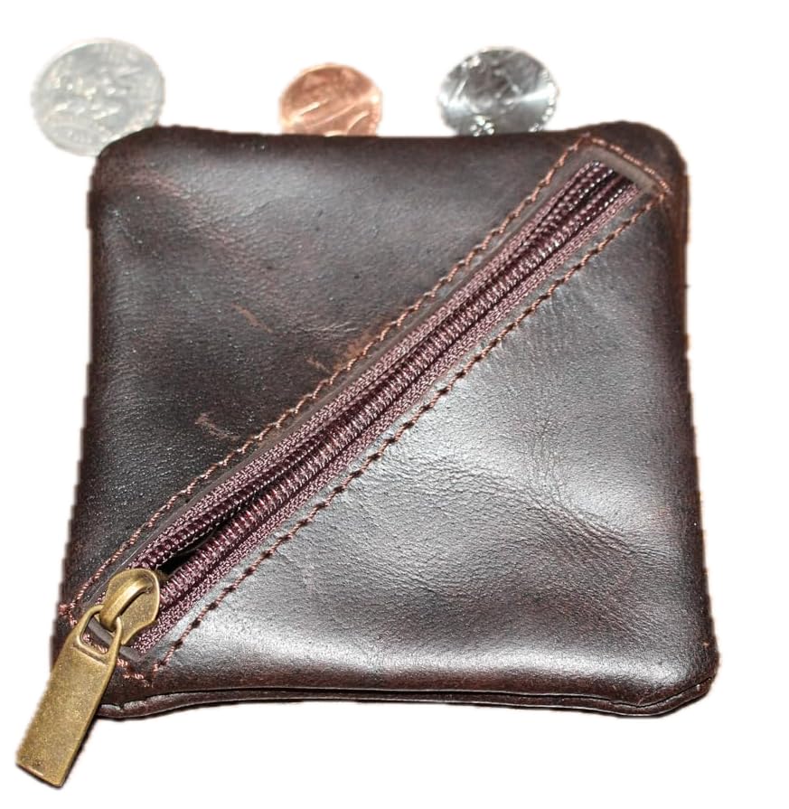 Leather Coin Pouch, Leather Zippered Change Holder, Compact Change Holder and Mini Pocket Wallet for Men & Women Handmade Purse Organizer (Brown)