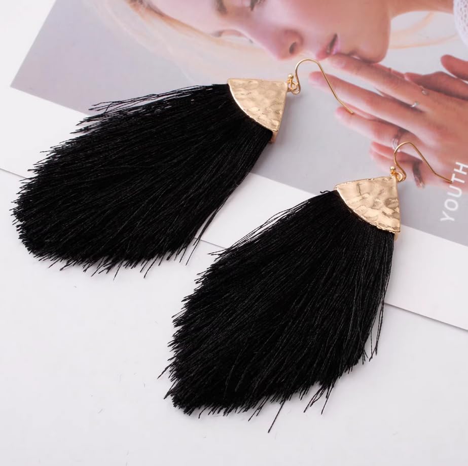 Earrings for Women Colorful Layered Leaf Earrings Bohemian Dangle Drop Tassel Silver Earrings Women Gifts - style: Black