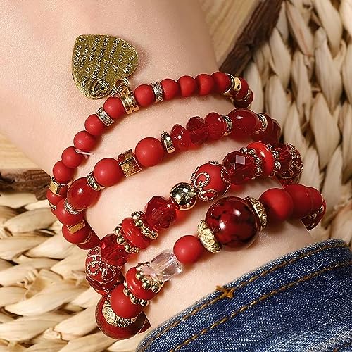 Women Beaded Bracelet Set | Colorful Boho Stackable Trendy Design with Crystal Accents Multilayer Bangle Bracelet | Fashion Stretch Braclets Jewelry for Women - color: Dark Red