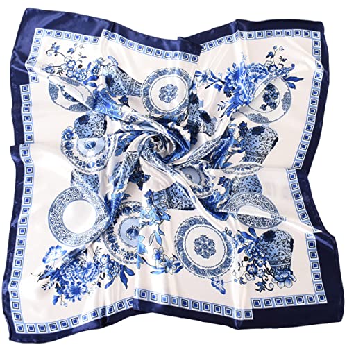 35 x 35 Women's Fashion Pattern Large Square Silk Like Hair Scarf Head Sleeping Wrap Satin Neck Bandana for Gift… - color: Blue and White Porcelain-navy Blue