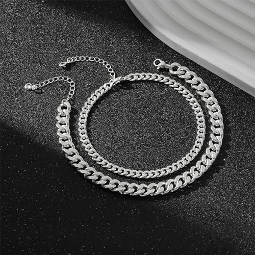 Freekiss Sterling Silver Ankle Bracelets for Women: Dainty Layered Waterproof Anklet for Women Adjustable Womens Anklet Set Stackable Figaro Beaded Cuban Link Anklets Beach Jewelry for Women - color: Layered Cuban Chain-SL