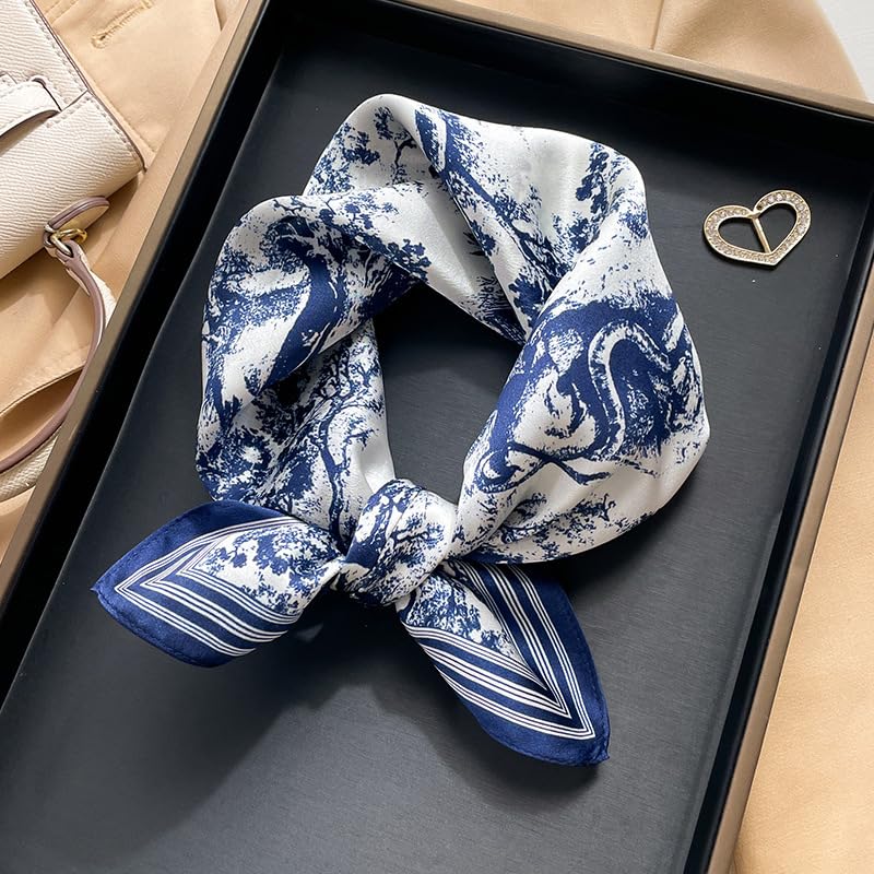 MEISEE 100% Pure Mulberry Silk Scarf 21" Square Scarf Neckerchief Headscarf Breathable Lightweight for Women Gift Packed - color: M3 Blue White