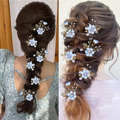 6 Pieces Bridal Flower Wedding Hair Pins Crystal Pearl Hair Pins Clips Headpiece Gold Wedding Hair Accessories Jewelry with Rhinestone for Brides Bridesmaids Women Girls Updo (Special Cream Blue) - color: Special Cream Blue