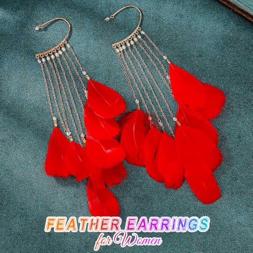 Catery Feather Earrings Long Tassel Boho Earrings Dangling Fringe Prom Jewelry for Women - color: Red