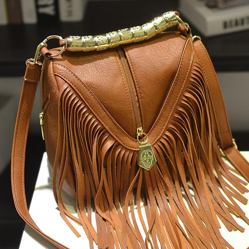 Tassel Shoulder Bag, Vintage Stylish Women PU Leather Bohemian Fringed, Vintage Hobo Crossbody Bag,Fringe Handbag - color: Black Red-2