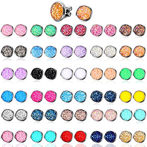 Hicarer 32 Pairs Round Druzy Stud Earrings Bohemian Round Stud Stainless Steel Pierced Earrings Jewelry for Women Graduation Gift - size: 11 mm