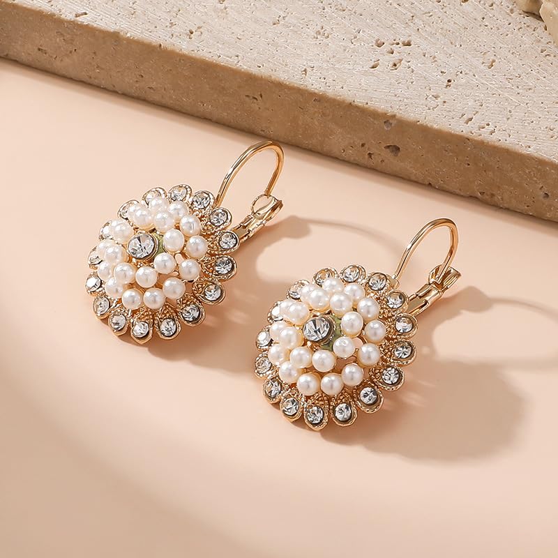 Unique Bohemian Vintage Sparkly Crystal Colorful Round Flower leverback earrings Boho Retro Bronze Circle Beaded Flower Floral Dangle Drop Earrings for Women - color: Gold 13