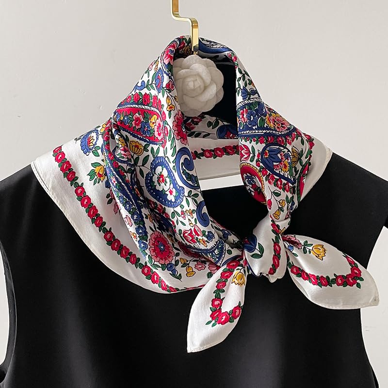 MEISEE 100% Pure Mulberry Silk Scarf 21" Square Scarf Neckerchief Headscarf Breathable Lightweight for Women Gift Packed - color: M3 White Blue Red Cashew Floral