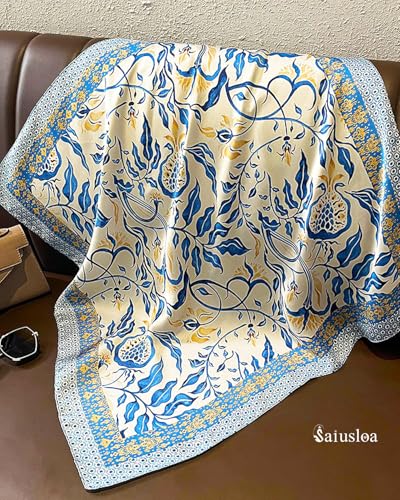 Saiusloa Neck Scarf For Womens Silky Head Scarves Hair Bandanas Square Scarf Fashion Accessories lightweight - color: 11-star Edge Blue Leaf
