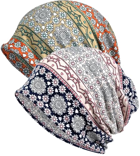 XYIYI Womens Chemo Headwear Hats Cotton Slouchy Beanie Cap Scarf - color: 2pcs Daisy Navy Orange