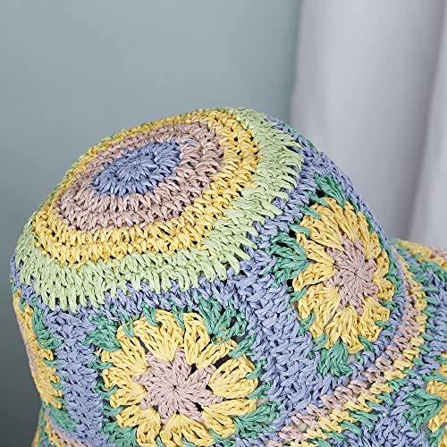 Women Straw Sun Hat Floral Woven Crochet Bucket Hat Y2k Aesthetic Accessories Beach Hat Hand Woven Boho Foldable Cap - color: Lake