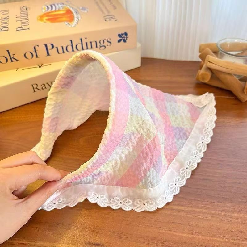 Women's Lace Bandana Headband, Vintage Gingham Triangle Scarf with Bow, French Retro Style for Boho Chic & Casual Outfits (18-Red rainbow, One Size) - color: 18-Red rainbow