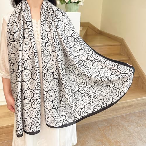 Long Silk Like Scarf Lightweight Satin Scarves Large Sunscreen Shawl Wrap for Women - color: 022.flowers Black and White