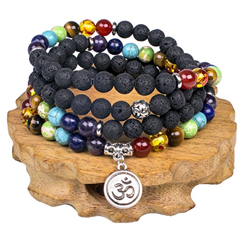108 Mala Beads Necklace 7 Chakra Buddhist Prayer Beaded Bracelet Tree of Life Pendant Stone Yoga Necklace - color: Lava-OM Buddha