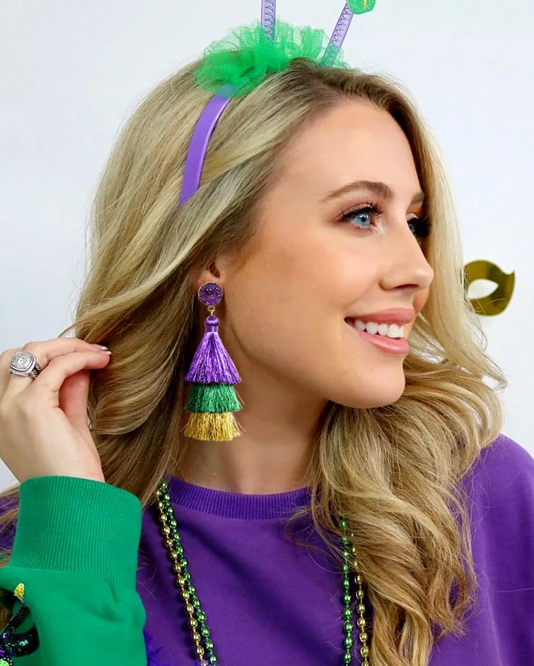 Me&Hz Colorful Layered Tassel Earrings Bohemian Statement Tiered Tassel Big Dangle Drop Earrings for Women Druzy Studs Valentine’s Day Gift - color: Mardi Gras