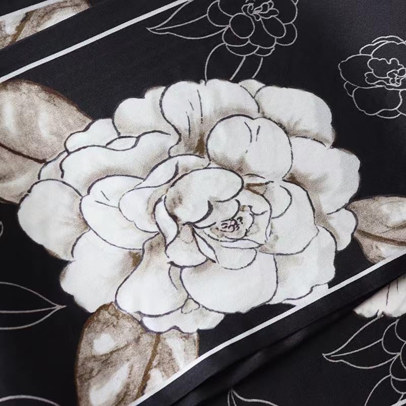 ANDANTINO 100% Silk Scarf for Women 59”*6.3” Long Shawls for Headscarf and Neck- Oblong Hair Wraps with Gift Packed - color: Black&white Camellia Flowers