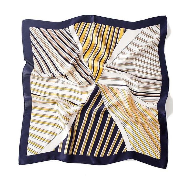 FEIBOON Mulberry Silk Scarfs Neck Scarf 21" Small Square Scarfs hair scarf bandana Neckerchief Headscarf for Women - color: Blue and Yellow Stripes
