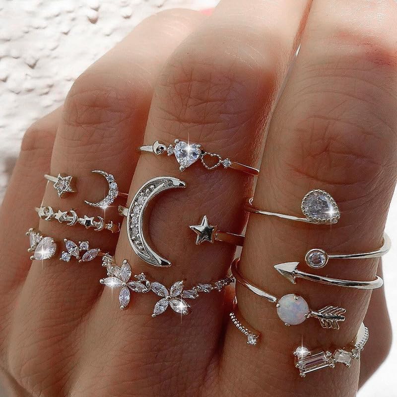 Gold Stackable Rings Set Moon Star Design Adjustable Rings for Everyday Wear Mid FingerPinky Ring Trendy Jewelry Gifts - color: I1