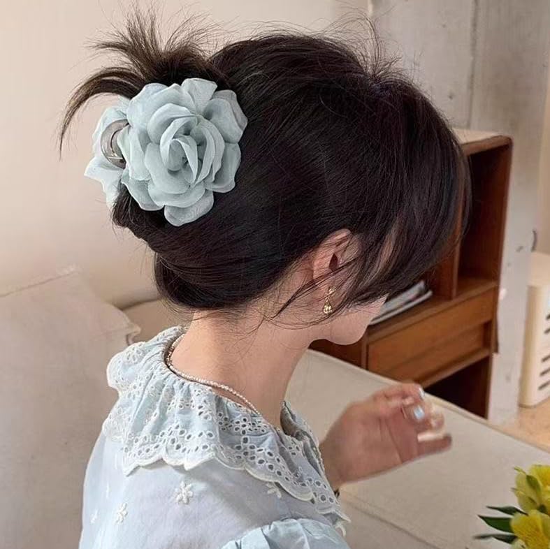 Large Chiffon Rose Flower Hair Claw Clips Boho Mesh Floral Hair Pins Barrettes Strong Hold Non-Slip Beach Vacation Hair Accessories for Women (Green Rose Flower Hair Clips) - color: Green Rose Flower Hair Clips