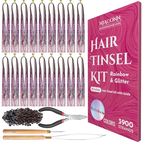 NIACONN Glitter Hair Tinsel Extensions Kit Rainbow Color with Tools and Beads, 48 Inch Sparkly Fairy Colorful Tensile Strands Shiny Hair Accessories for Women Girls Kids - color: Rainbow