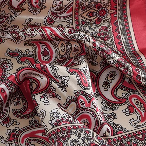 QBSM Womens 23.6 inch Satin Silk Feeling Formal Square Neck Scarf Head Hair Wraps Kerchief - color: Cashew Flowers-red
